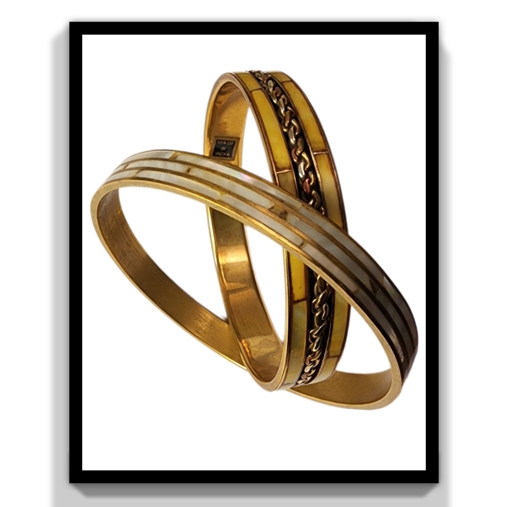 Brass/Mother of Pearl Inlaid Vintage Bangles (2 Total)